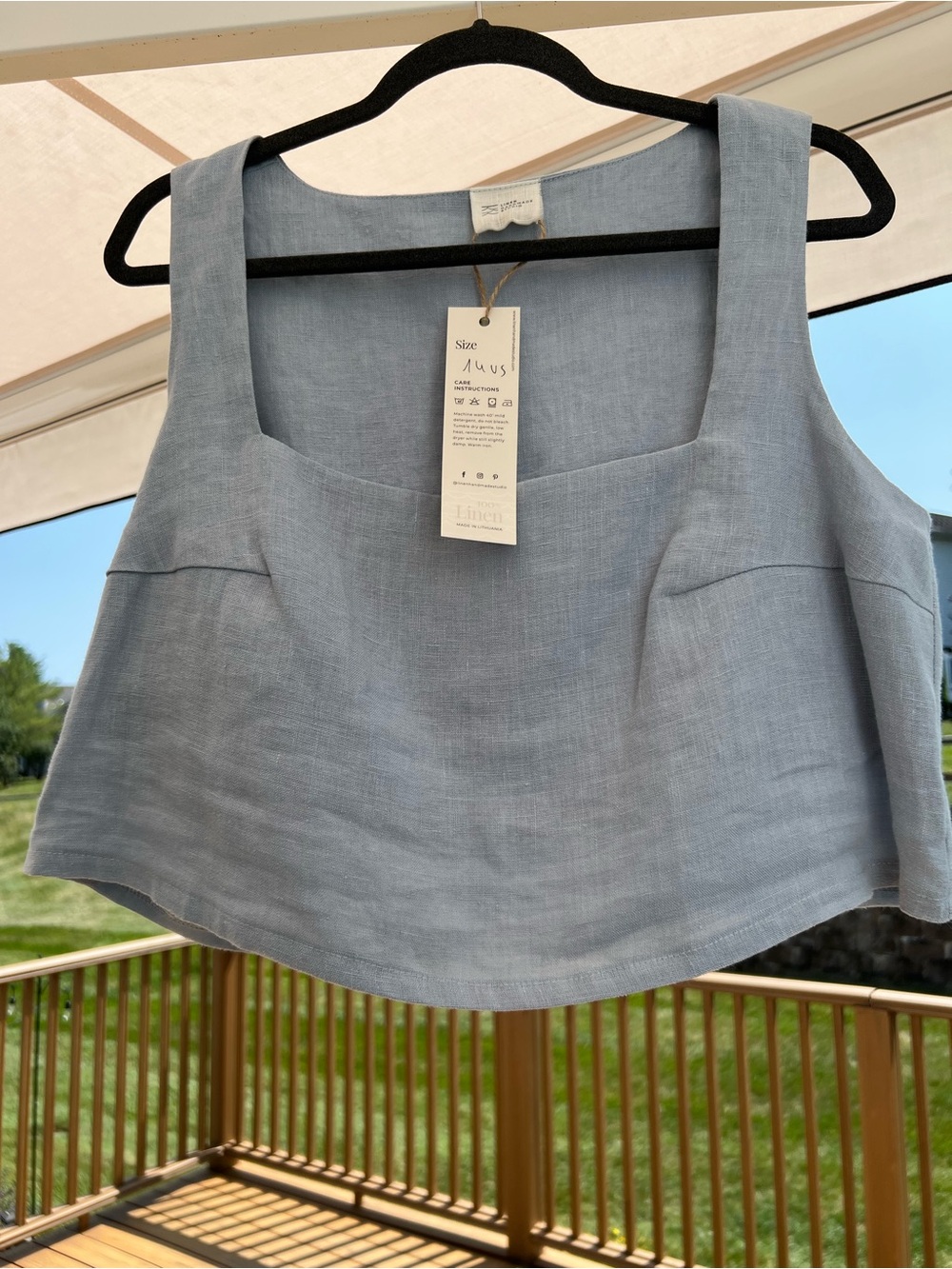 Blue/ Gray 100% Linen Square-Neck Crop Top
